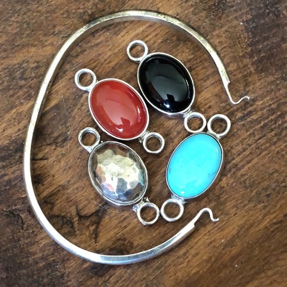 Sterling MEXICO CII Hinged Bangle Changeable Stones + 925 Hammered Focal - Picture 9 of 9